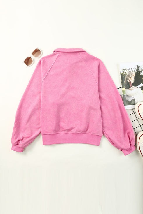 Lantern Sleeve Snap Button Placket Washed Pullover Casual Round Neck Sweatshirt